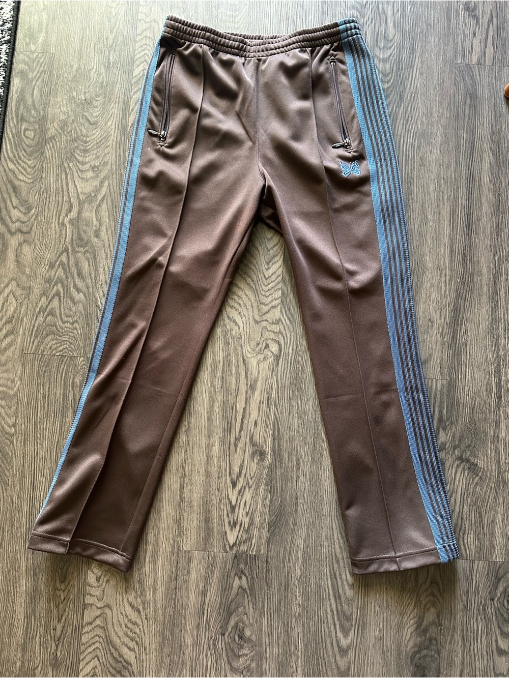 Needles Brown Track Pants with Light Blue Side Stripes